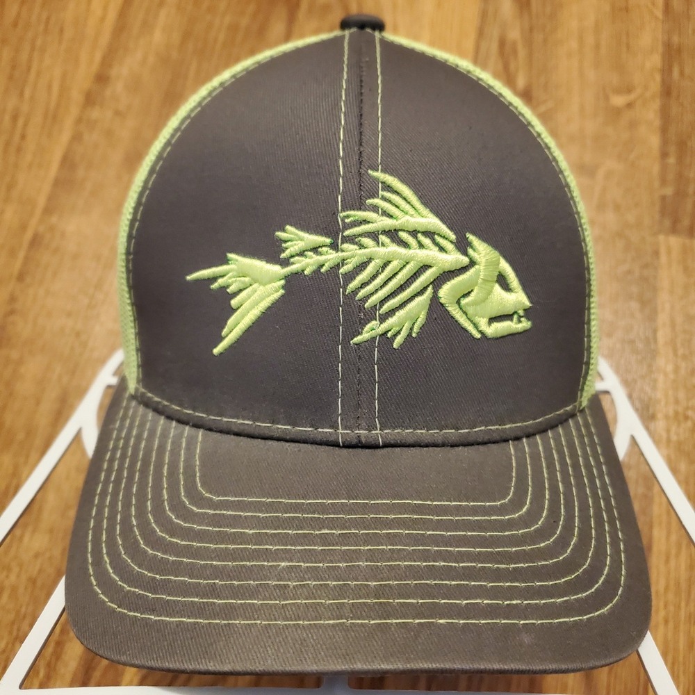 Fishing Hat Adult Strapback‎ Neon Green Mesh Fish Skeleton Logo Outdoor Cap